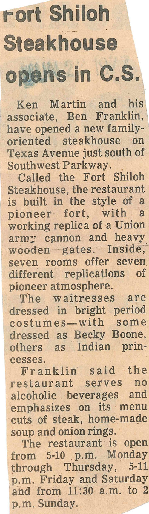 The Eagle Archives: Fort Shiloh Steakhouse